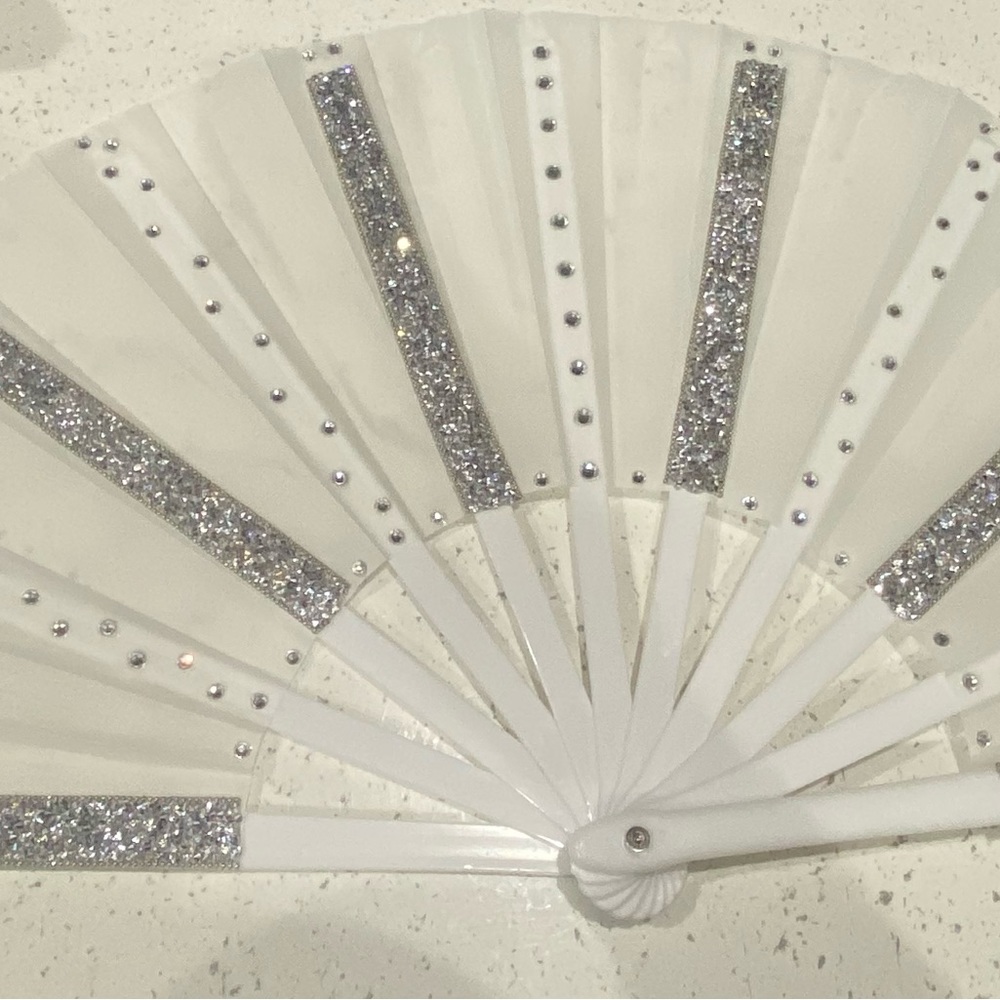 Large silver and white folding fan